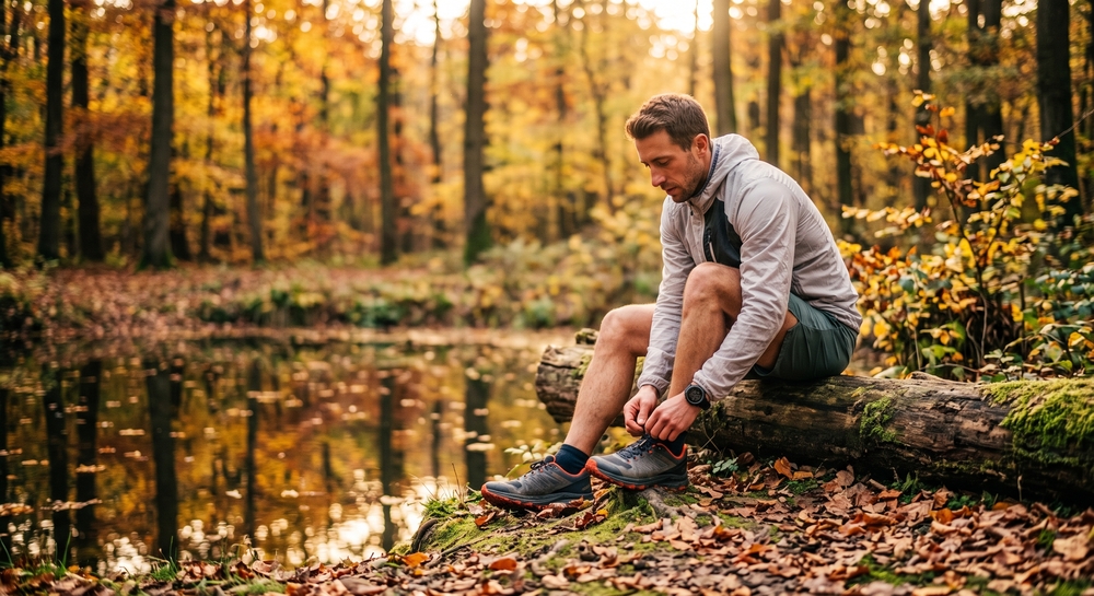 Coureur masculin faisant une pause après une séance d'automne, ajustant sa chaussure de trail technique au bord d'un étang paisible.